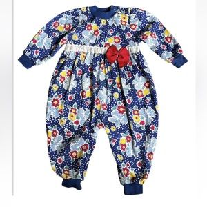 Vintage Healthtex Romper Baby Girl Size 18 Month Blue Floral Red Bow Lace USA